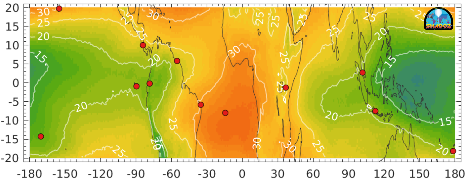 SHADOZ network overlaid on TROPOMI multi-year median tropospheric ozone